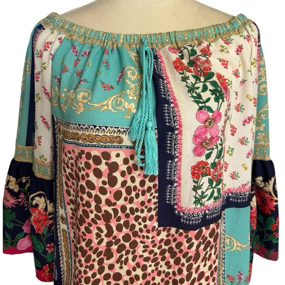 Umgee Off the Shoulder Dress S  Boho Bell Sleeve Floral Animal Tassel Ruffle Hem - Picture 2 of 9